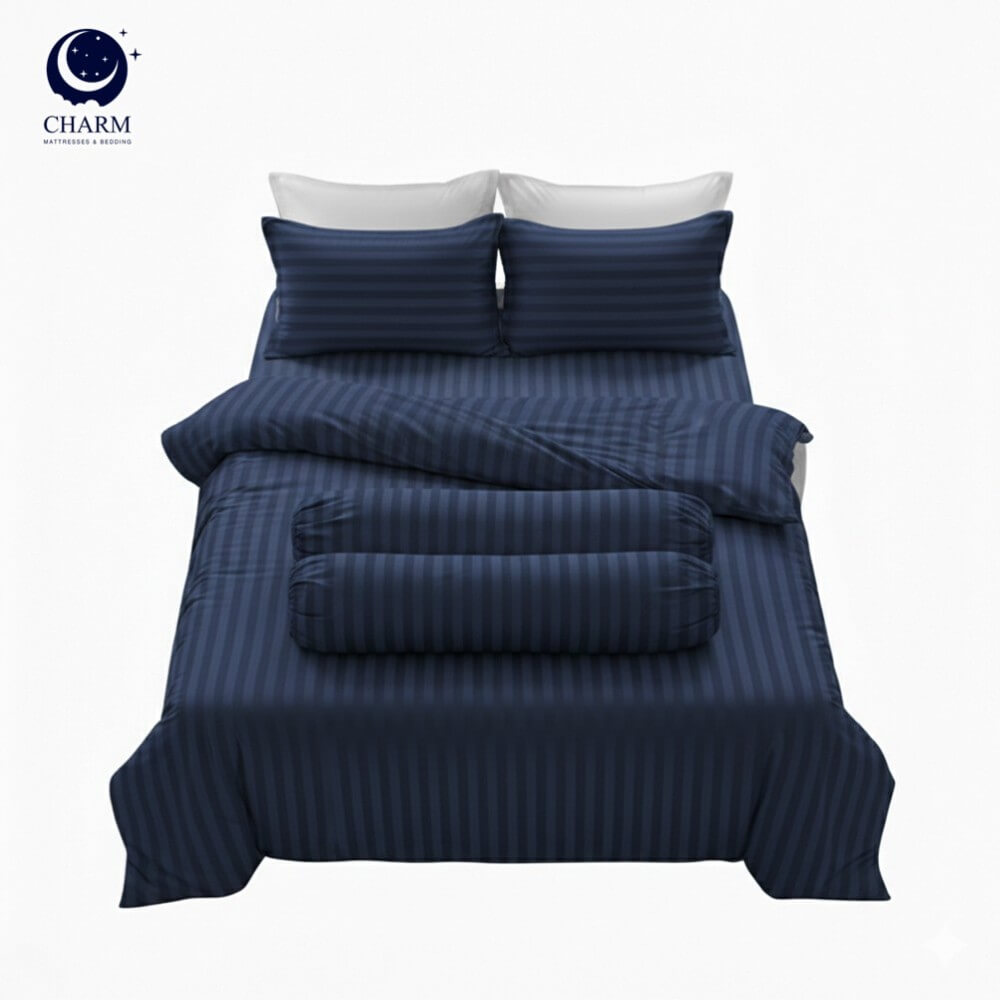 ชุดเครื่องนอน 5 ฟุต 6 ชิ้น CHARM ผ้าซาตินลายริ้ว สีกรม